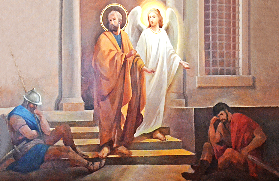 Ангел выводит апостола Петра из темницы. Фреска храма Воздвижения Креста Господня, Москва.