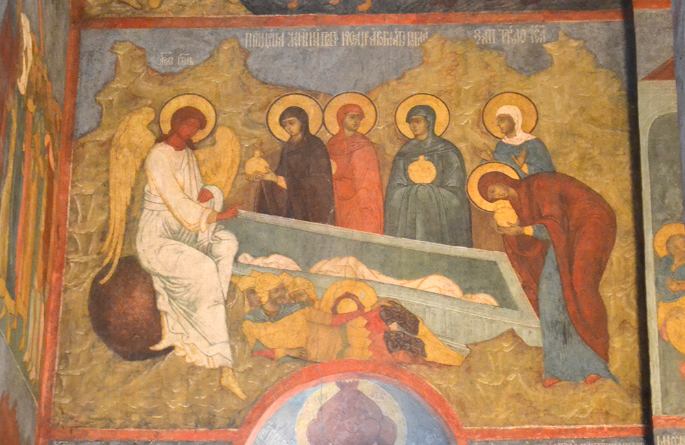 Жены-мироносицы у гроба, фреска Архенгельского собора Московского Кремля.