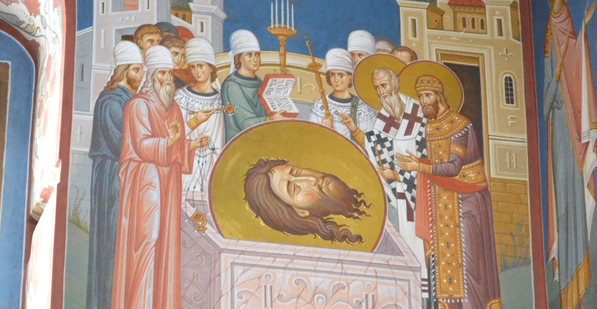 Третье обретение главы Иоанна Крестителя, фреска храма Усекновения Главы Иоанна Предтечи, что под Бором, Москва.
