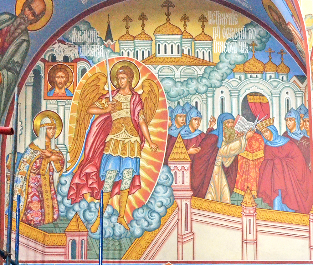 Фрески "Явление Архангела Михаила", "Иноческий постриг", храм прп. Евфросинии в Котловке.