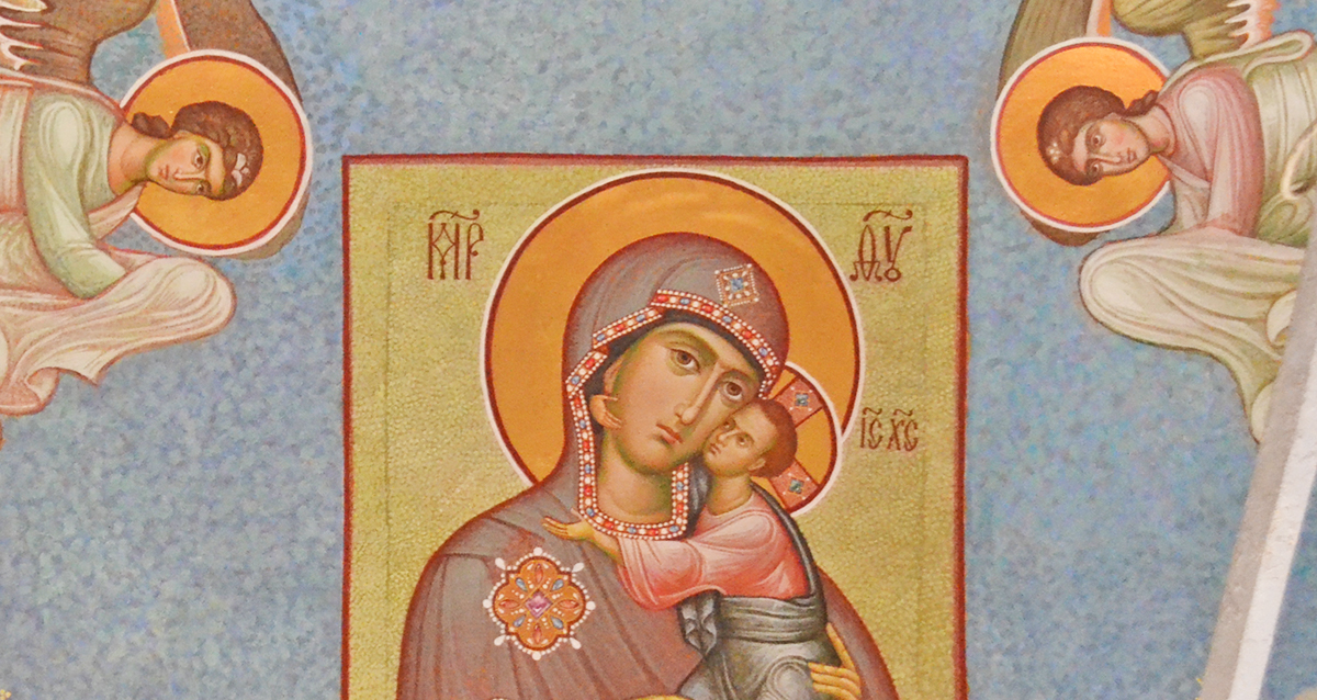 Тоглская икона Божией Матери, фреска Толгской церкви Высоко-Петровского монастыря, Москва.