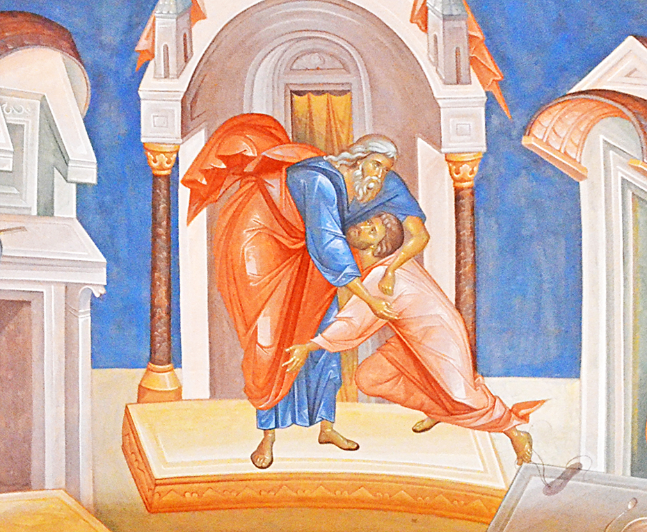 Притча о блудном сыне, фреска храма Усекновения Главы Иоанна Предтечи, что под Бором, Москва.