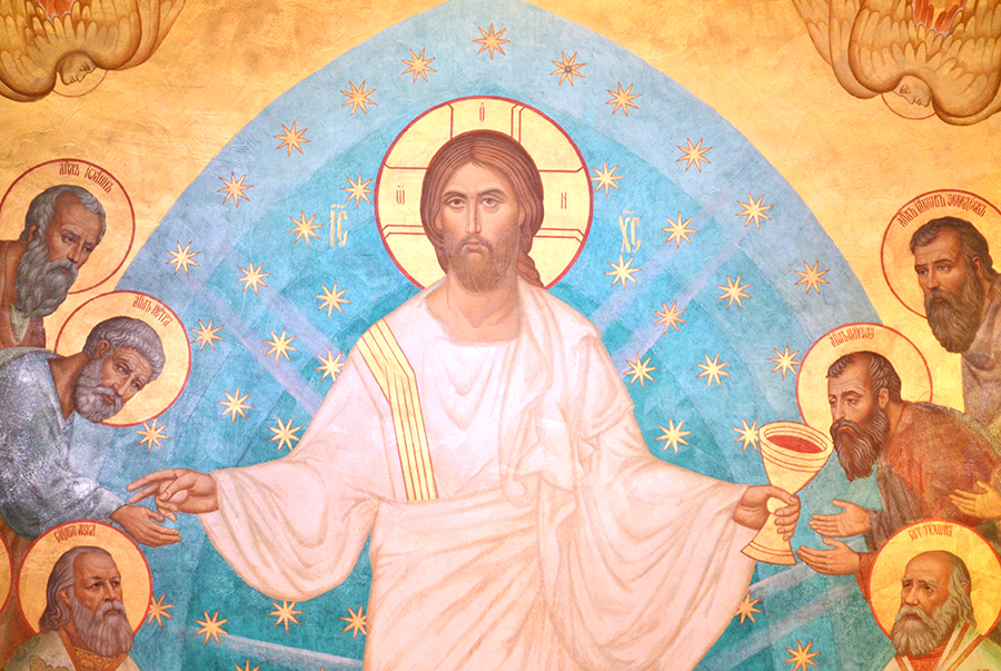 Иисус Христос с апостолами и новомучениками и исповедниками, фреска алтаря храма Воскресения Христова.