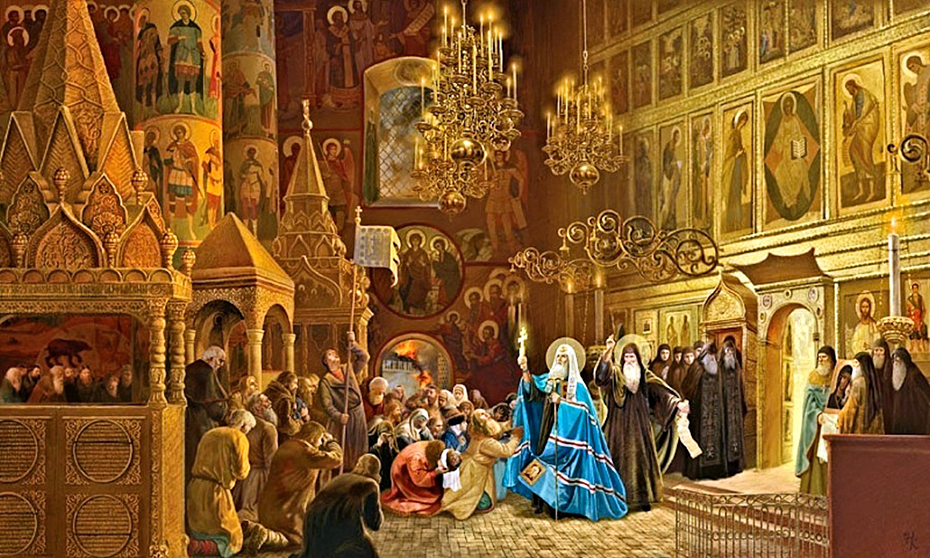 Наталья Климова, Святые Патриархи Гермоген и Иов совершают Покаянный чин в Успенском соборе Московского Кремля в 1607 году.