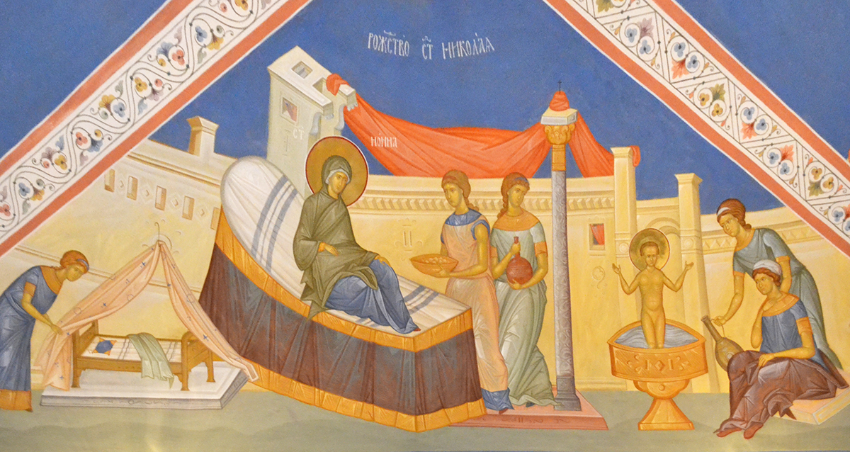 Рождество Николая Чудотворца, фреска храма Усекновения главы Иоанна Крестителя, что под Бором, Москва.