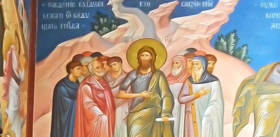 Пророк Иоанн призывает к покаянию, фреска храма Усекновения Главы Иоанна Крестителя, что под Бором, Москва.