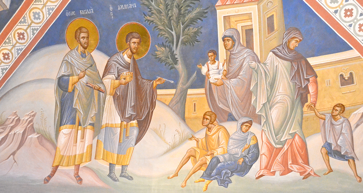 Святые врачи Косма и Дамиан, фреска храма Усекновения главы Иоанна Предтечи, что под Бором, Москва.