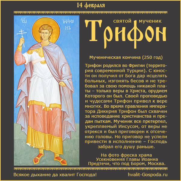 14 февраля – память святого мученика Трифона (250 год).