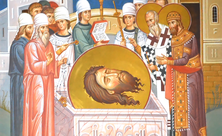Третье обретение Главы Иоанна Предтечи, фреска храма Усекновения Главы Иоанна Предтечи, что под Бором, Москва.