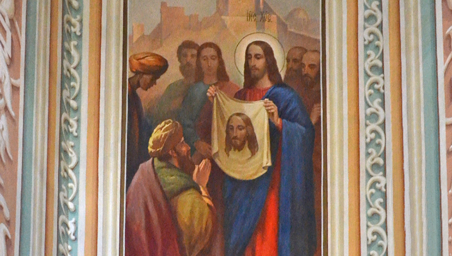 Нерукотворный образ Иисуса Христа, фреска храма Живоначальной Троицы в Серебрениках, Москва.