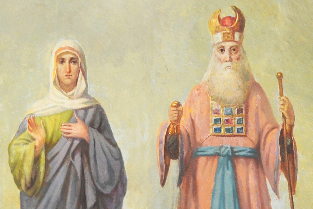 Родители Иоанна Предтечи - пророк Захария и праведная Елисавета, фреска храма Троицы Живоначальной в Сребрениках, Москва.