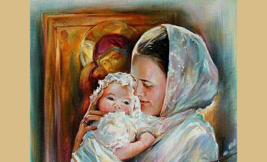 Мать с младенцем у иконы Богородицы с младенцем-Иисусом.